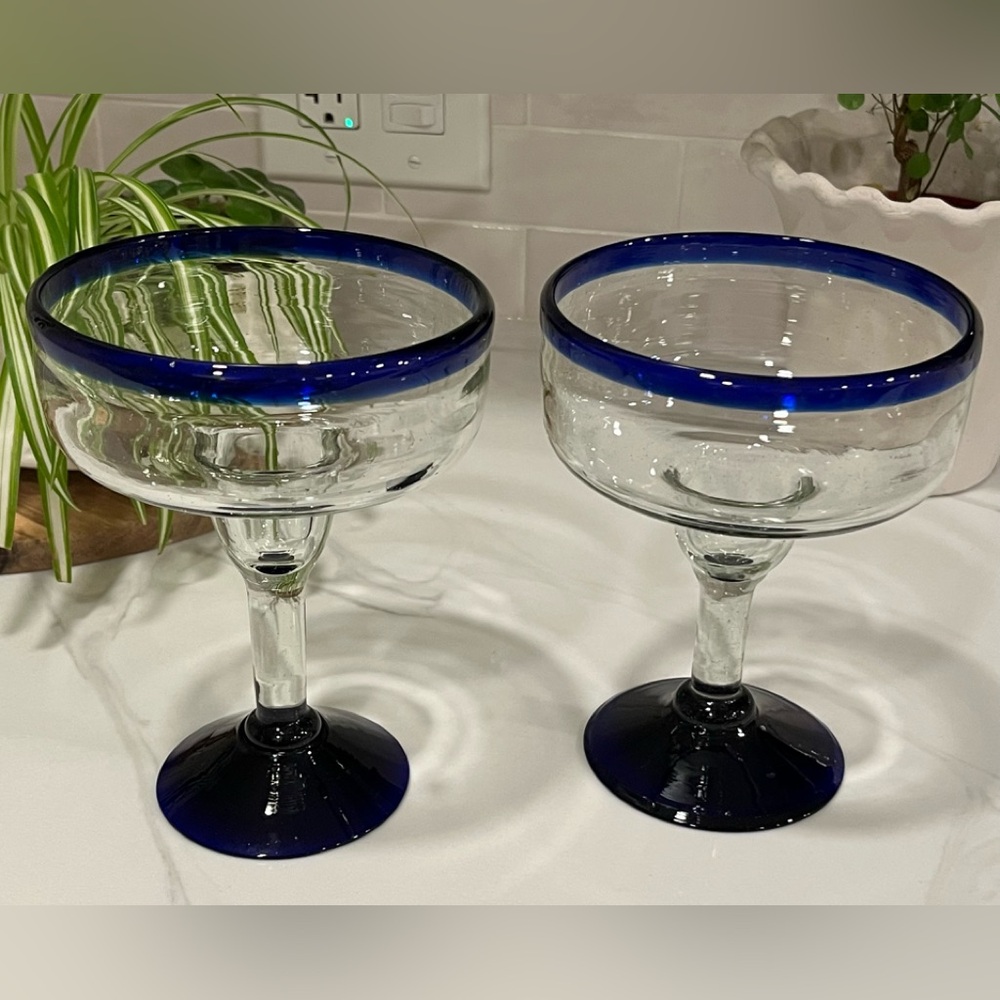Mexican Hand Blown Margarita Glasses Clear With Cobalt Blue Rim Glasses Set Of 2